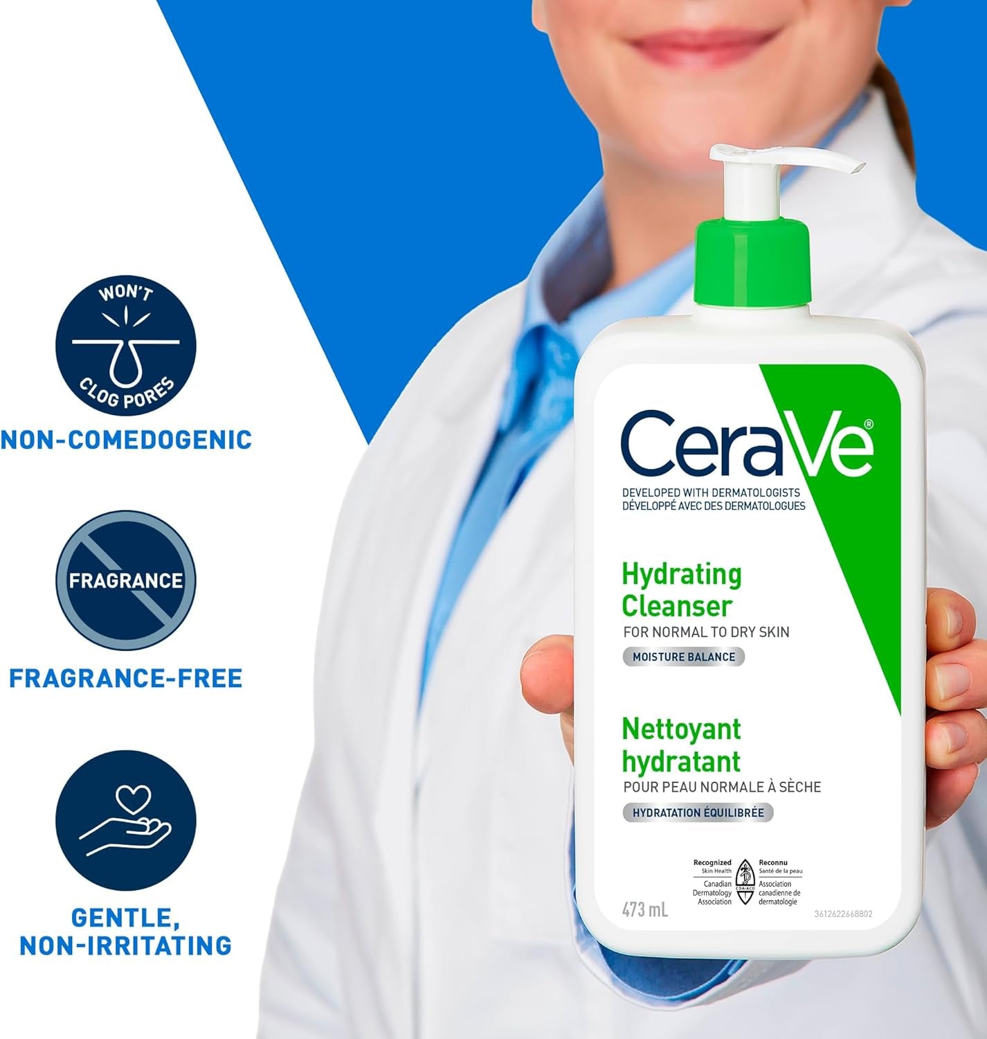 HYDRATING Daily Face Wash, Gentle Moisturizing Non-Foaming Facial Cleanser for Men & Women, Dry & Sensitive Skin, with Hyaluronic Acid, Ceramides, Glycerin. Fragrance-Free, 473ML